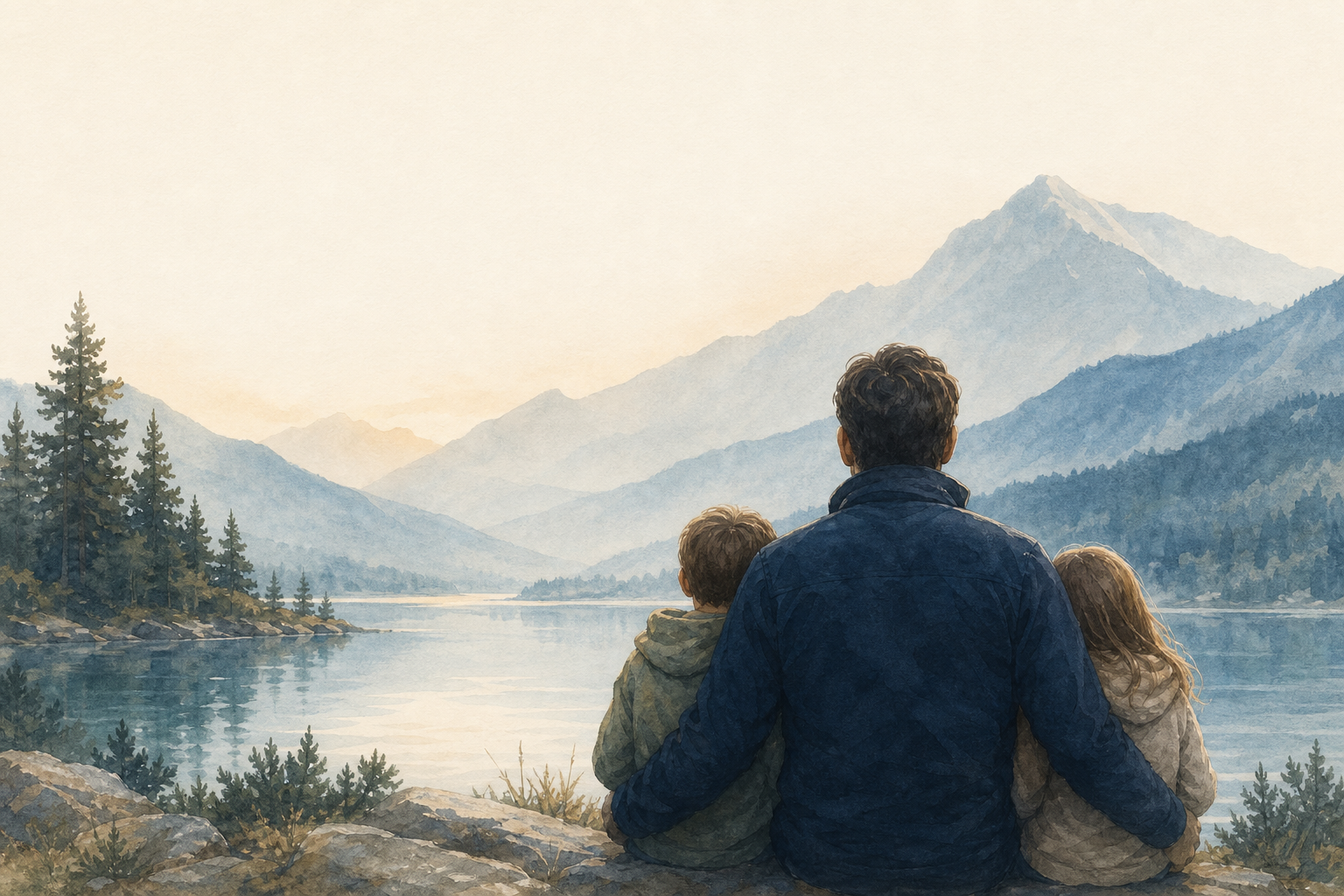 A father sitting with his children beside a mountain lake