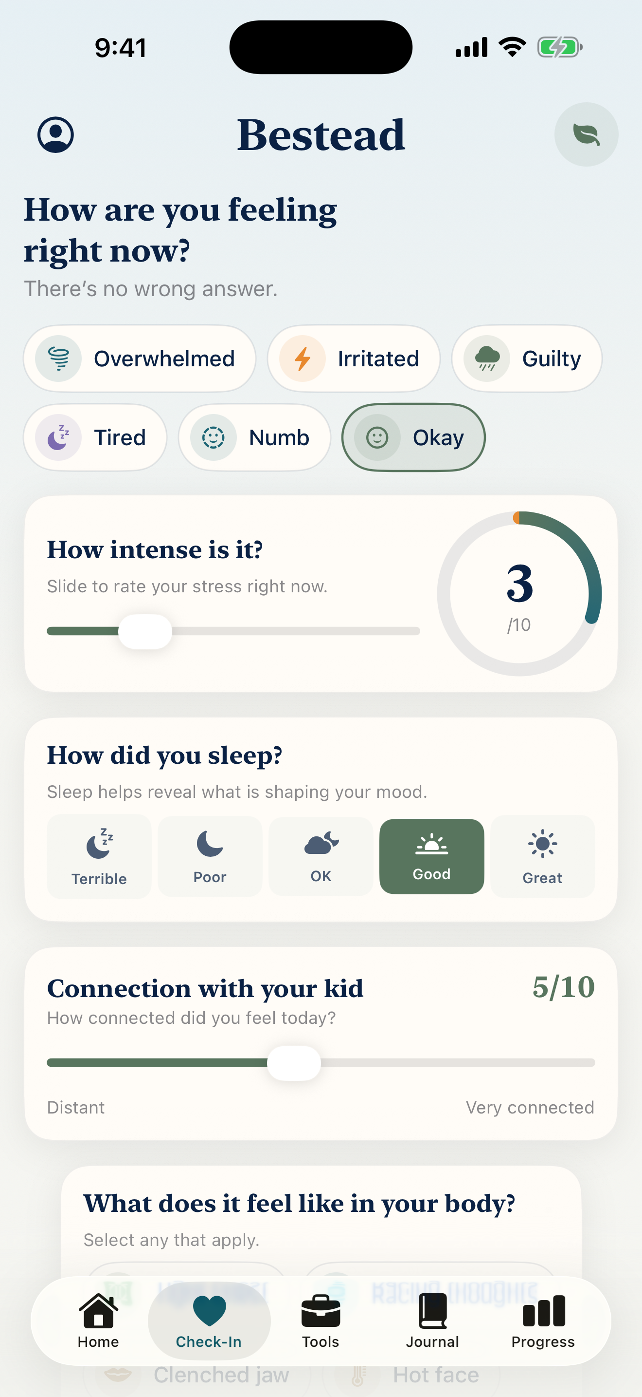 Bestead mood check-in screen with emotions, intensity, sleep, and connection prompts