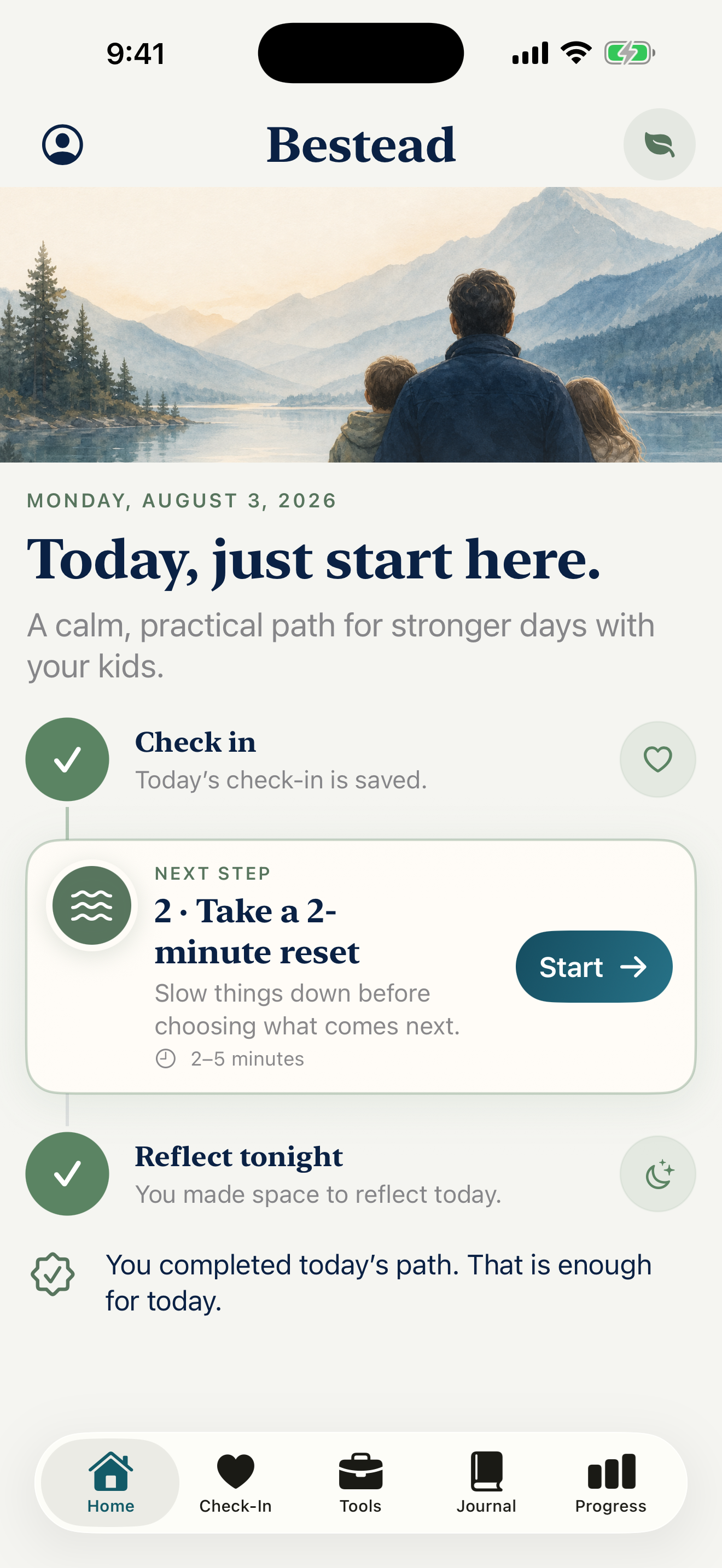 Bestead home screen showing a daily check-in, two-minute reset, and evening reflection