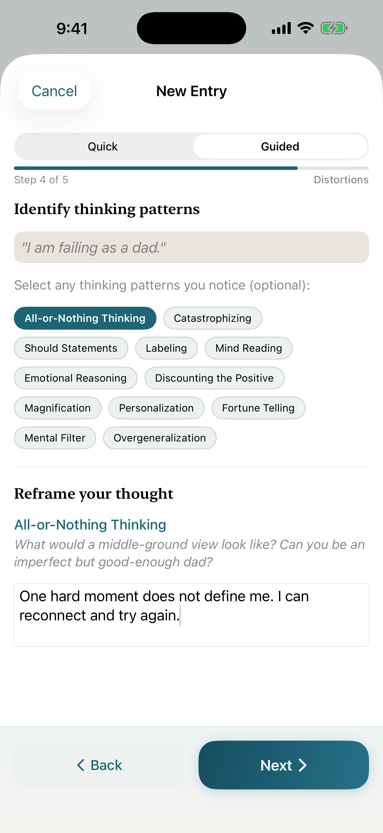 Bestead guided journal screen for identifying and reframing thinking patterns